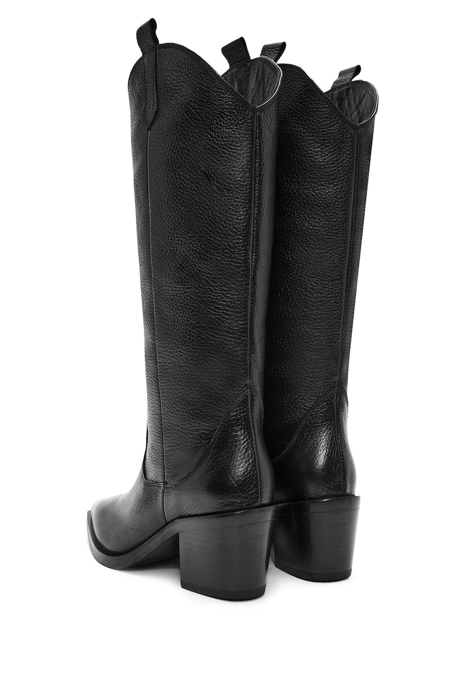 Woman Black Chunky Heels Leather Cowboy Boots