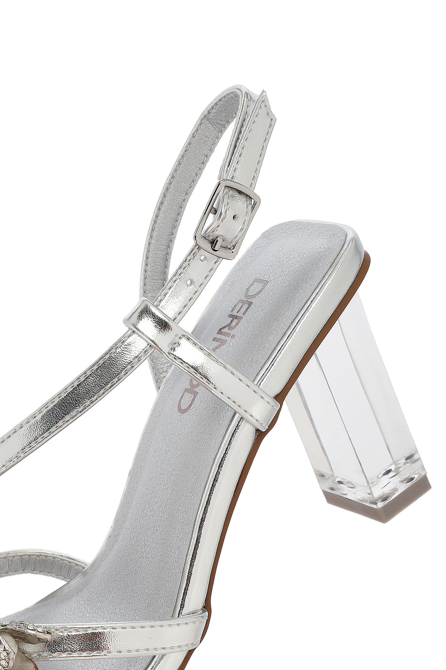 Women's Silver Buckled Ankle Strap Chunky Heel Metallic Sandals