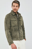 Kante Men's Dark Green Suede Leather Jacket | Derimod