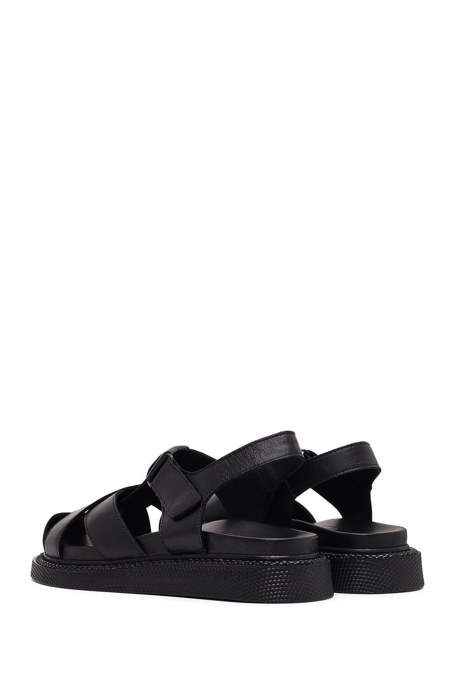 Women's Black Strappy Thick-Sole Leather Sandals