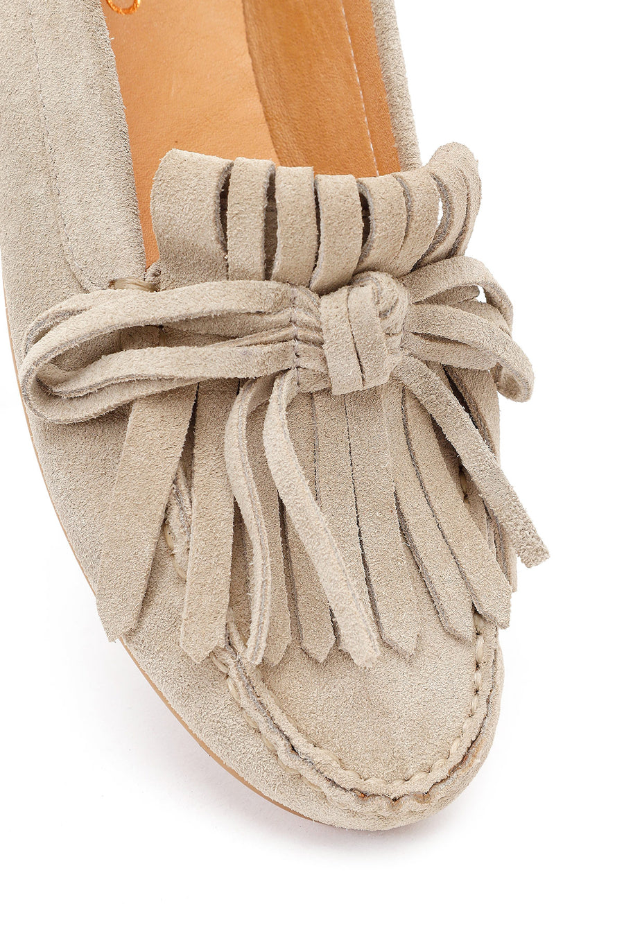 Woman Beige Tasselled Suede Leather Loafers