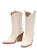 Women's Beige Thick Heeled Leather Cowboy Boots | Derimod