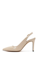 Women's Cream-Colored, Open-Back, Thin-Heeled Patent Leather Shoes with Ankle Buckle | Derimod