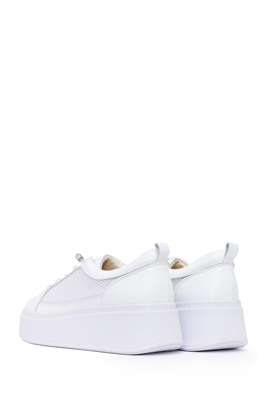 Woman White Lace-Up Thick-Soled Leather Sneaker