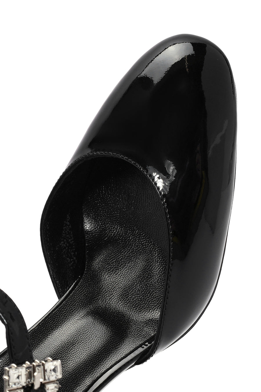 Women's Black Ankle Strap Stoned Thick Heel Leather Shoes
