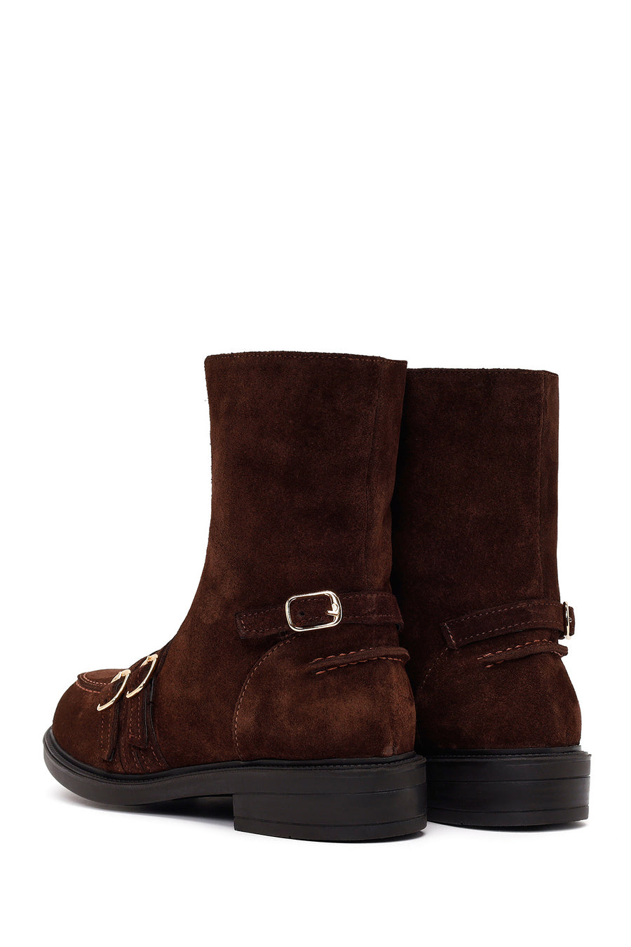 Woman Brown Buckled Suede Boots
