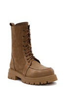 Women's Camel Zippered Nubuck Leather Combat Boots | Derimod