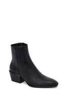 Woman Black Zip Closure Short Thick-Heeled Leather Cowboy Boots | Derimod