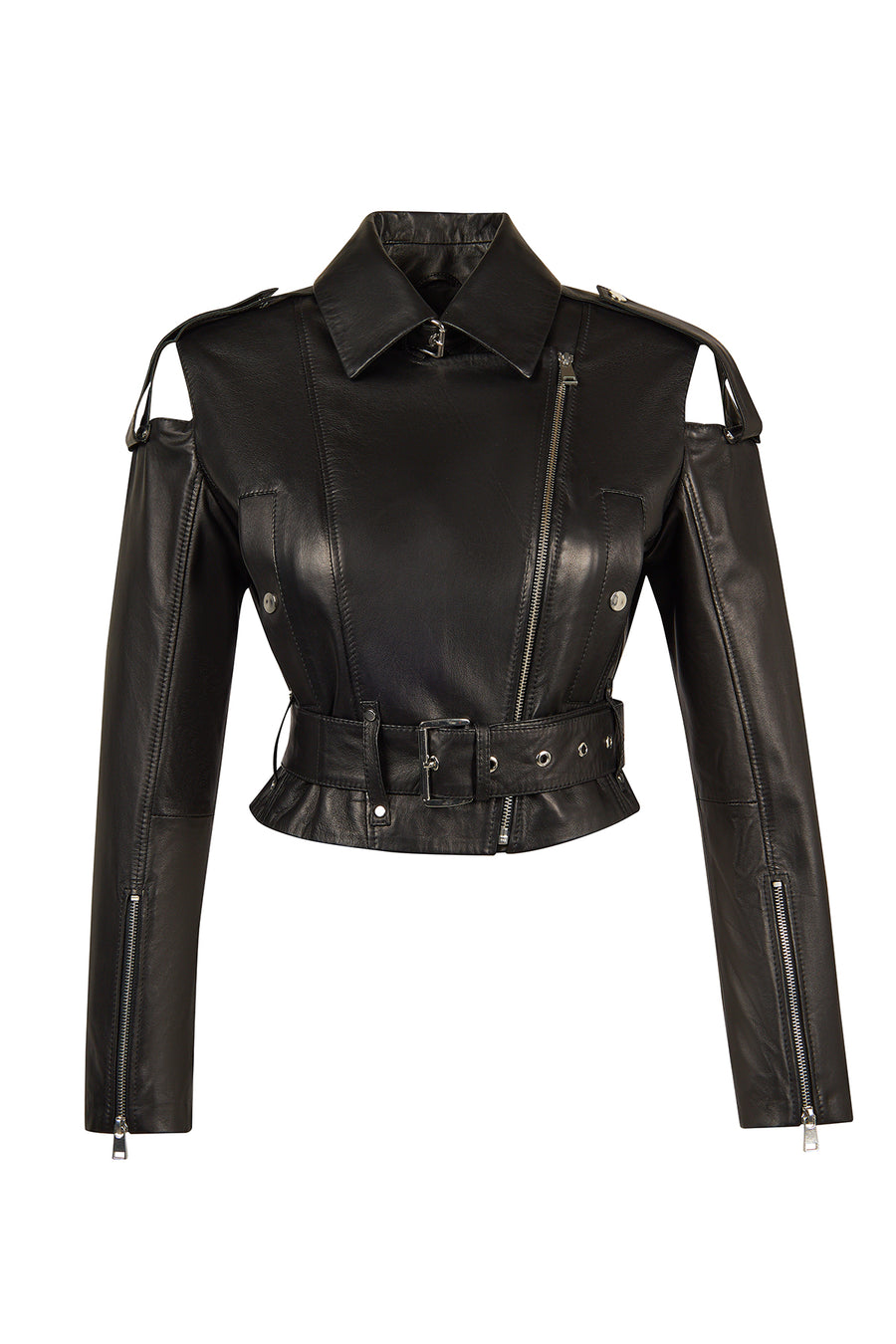 Avanti Woman Black Off-Shoulder Short Biker Leather Jacket