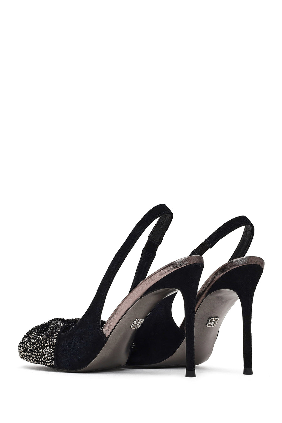 Women's Black Back Open Jeweled Thin High Heel Suede Leather Shoe