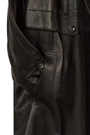 Adele Woman Black A-Line Hooded Fur Collar Leather Overcoat | Derimod