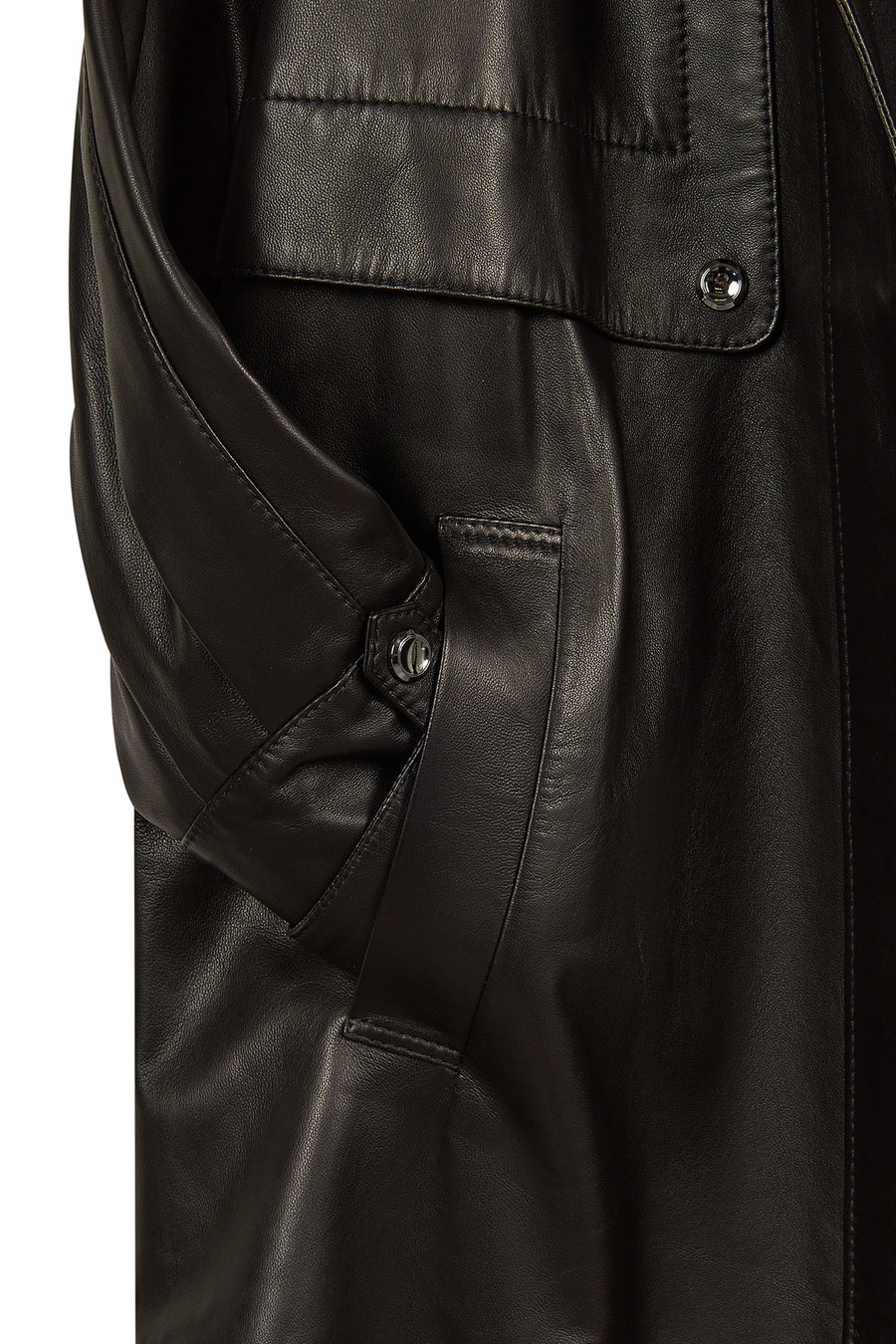 Adele Woman Black A-Line Hooded Fur Collar Leather Overcoat