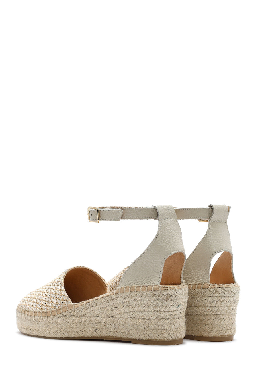 Women's Beige Buckle Ankle Wedge Heel Straw Leather Espadrille Sandals
