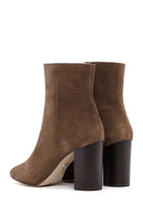 Women's Walnut Suede Leather Heeled Zipper Boots | Derimod