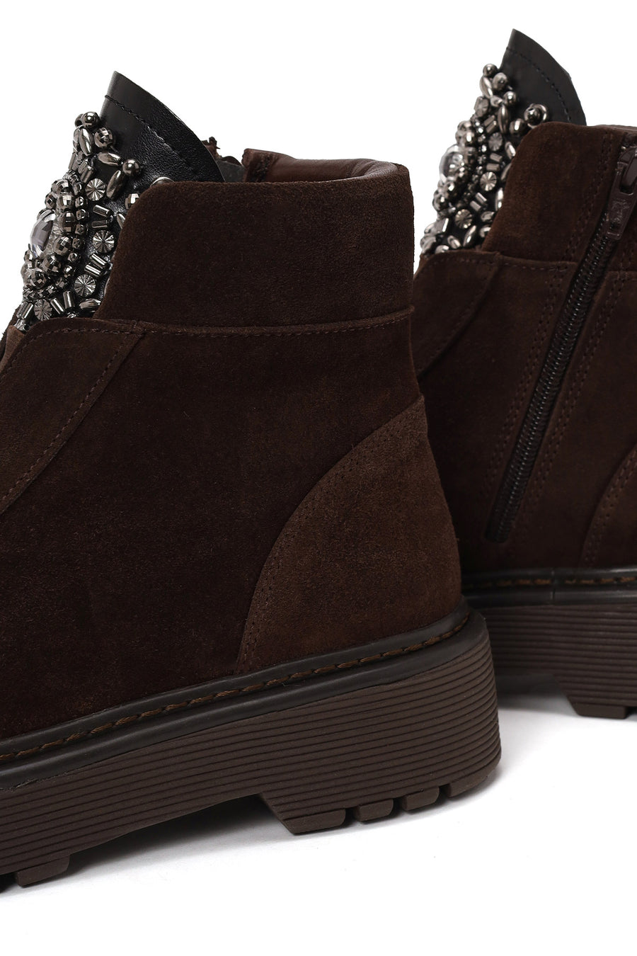 Woman Brown Zip Closure Embellished Chunky Sole Suede Boots