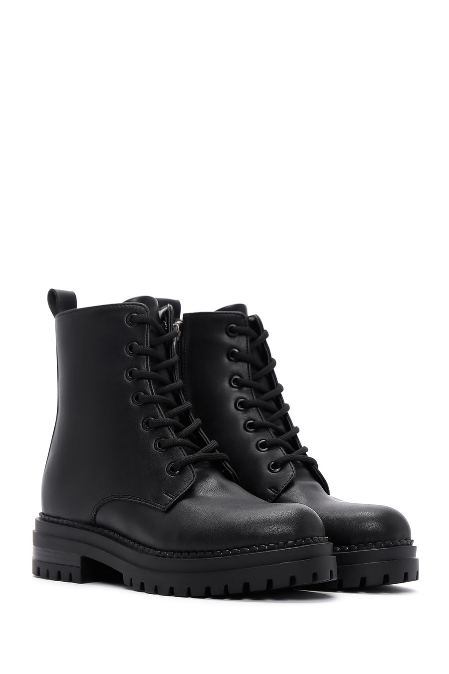 Women's Black Lace-Up Zipper Detailed Combat Boots