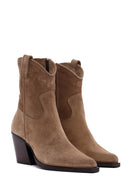 Women's Tan Zippered Suede Leather Cowboy Boots | Derimod