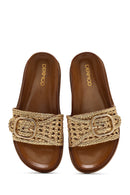 Women's Gold Buckled Straw Leather Slippers | Derimod