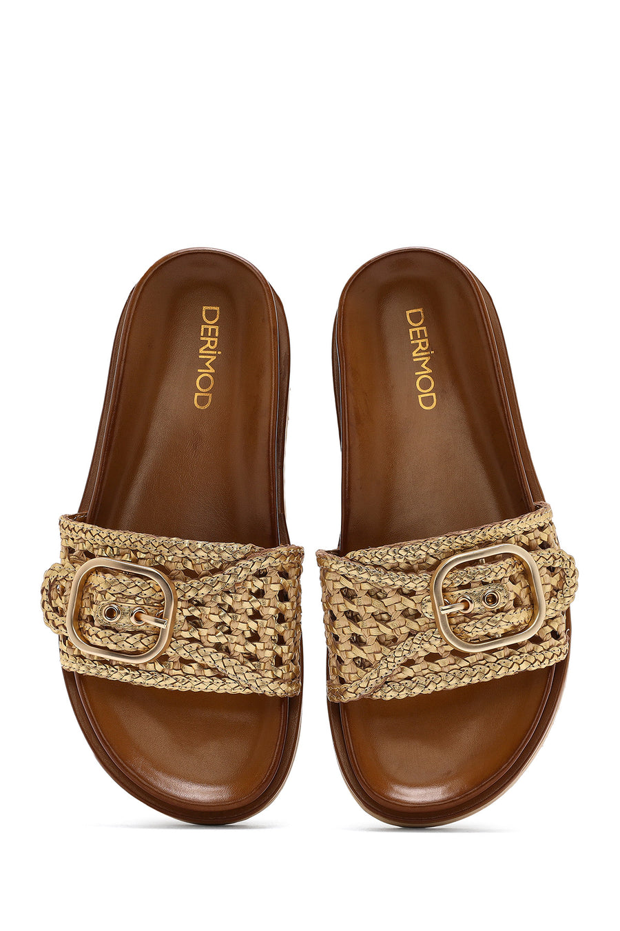 Women's Gold Buckled Straw Leather Slippers
