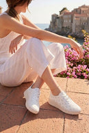 Woman White Lace-Up Patterned Thick-Soled Fabric Sneaker | Derimod