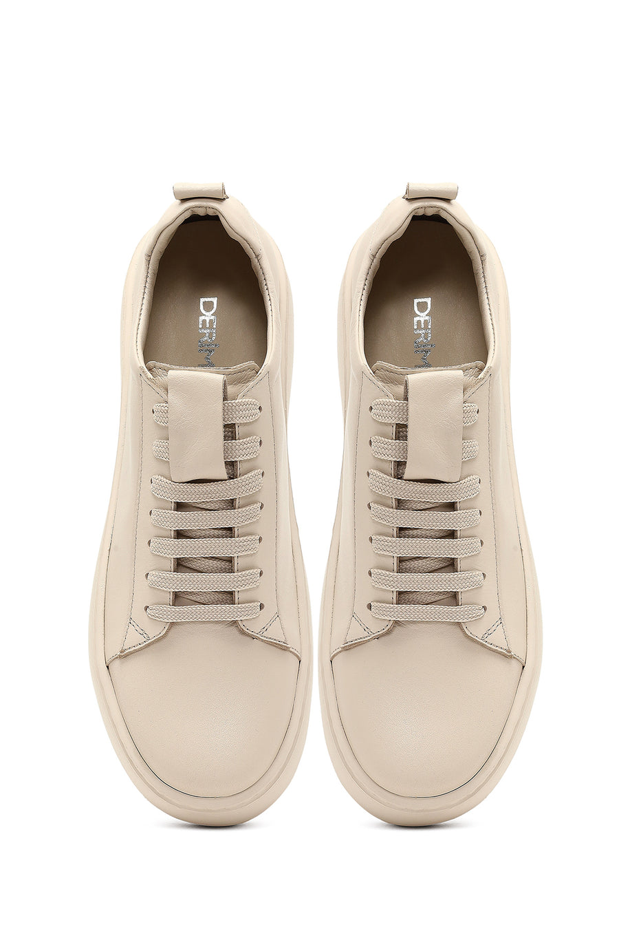 Women's Beige Lace-Up Thick-Soled Leather Sneaker