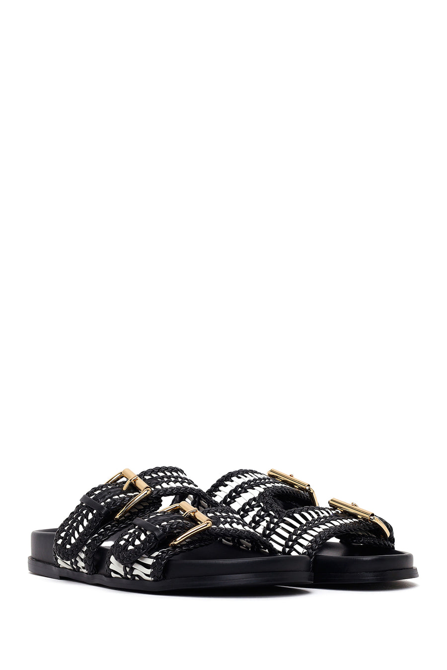 Woman Black Double-Buckle Braided Slipper