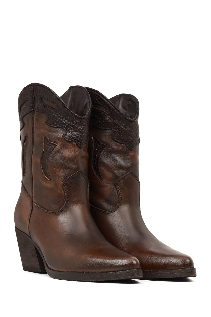 Women's Brown Short Chunky Heel Leather Cowboy Boots