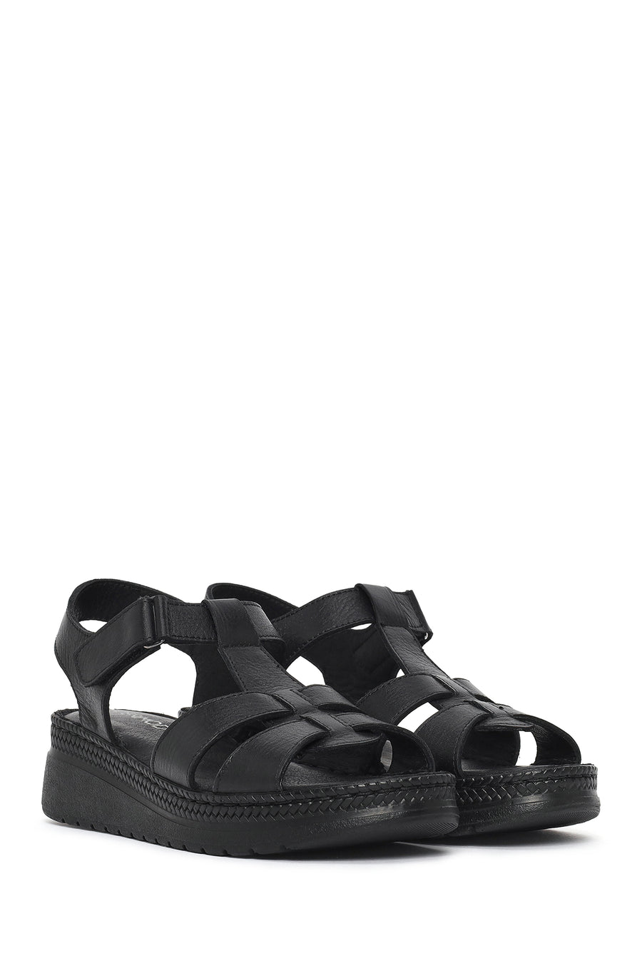 Women's Black Thick Soled Leather Comfort Sandals