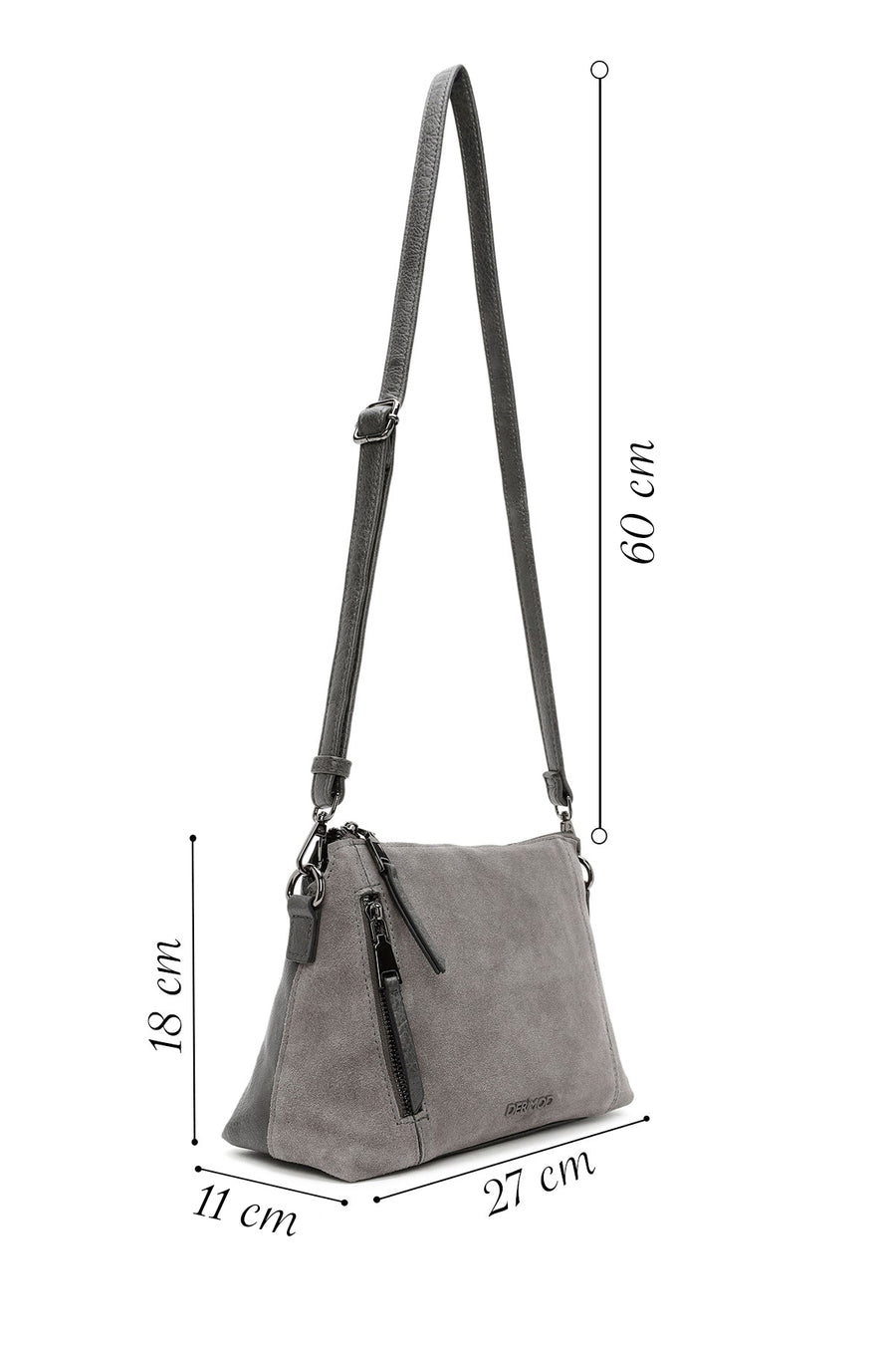 Woman Gray Long-Strap Suede Crossbody Bag