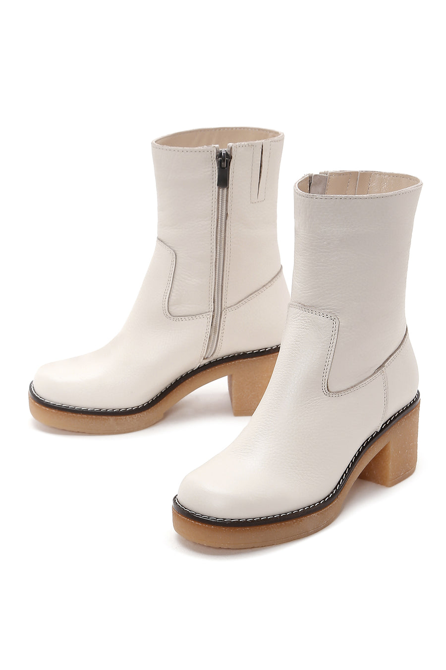 Women's Beige Leather Zippered Heeled Boots
