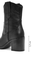 Women's Black Thick Heeled Leather Cowboy Boots | Derimod