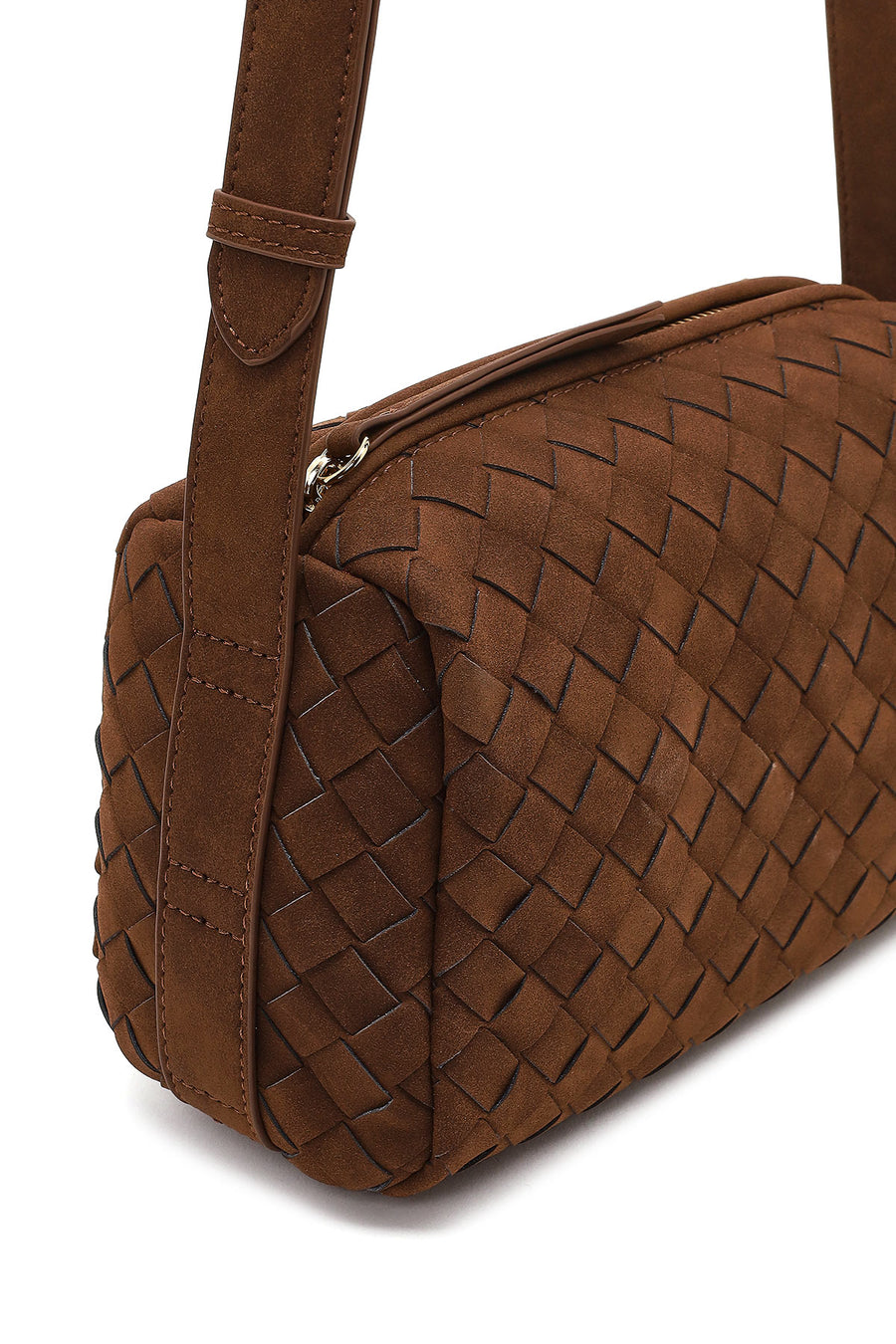 Woman Brown Long-Strap Woven Suede Crossbody Bag