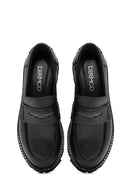 Women's Black Stone Detailed Leather Masculine Loafer | Derimod