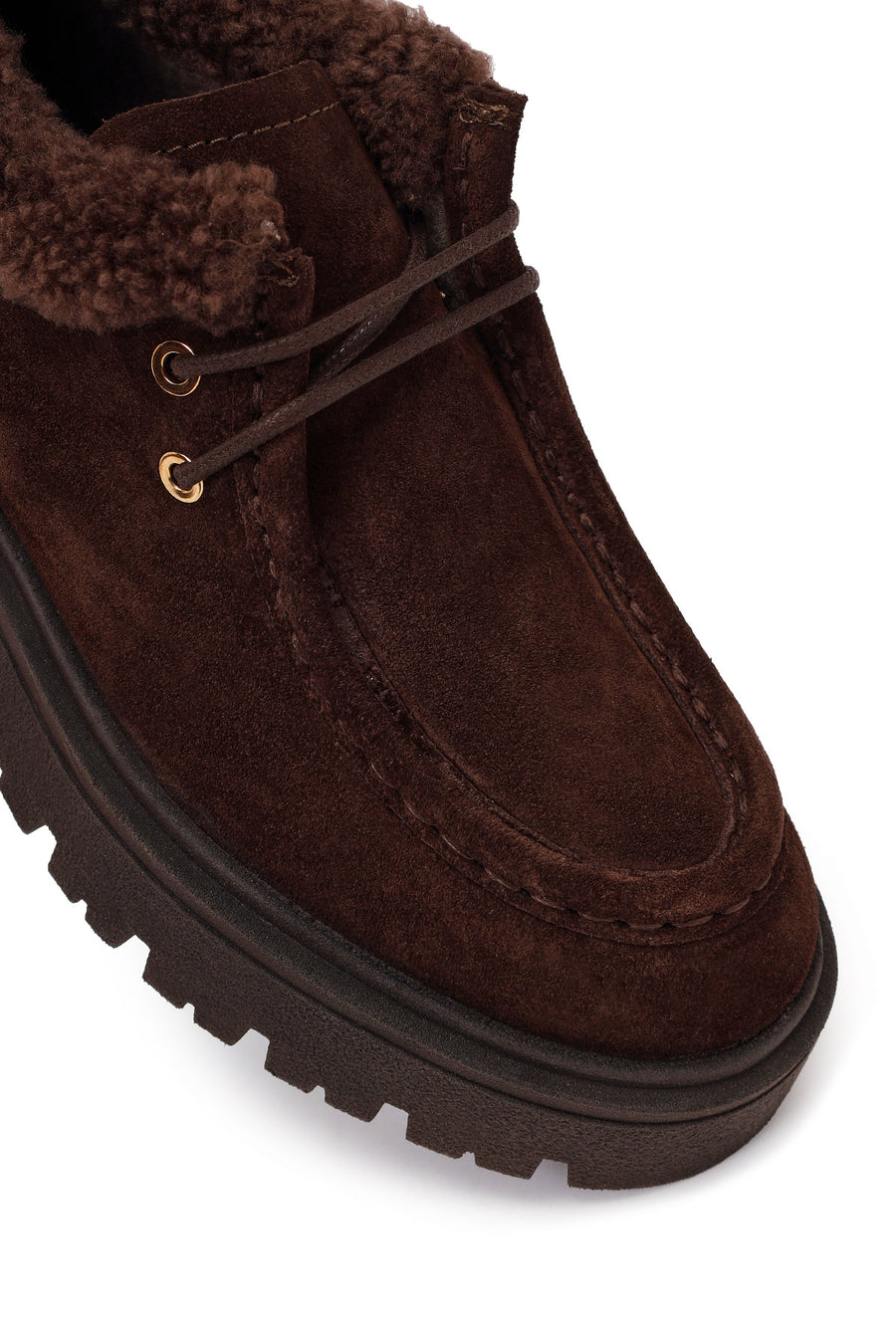 Woman Brown Lace-Up Fur-Detail Thick-Soled Suede Casual Shoes