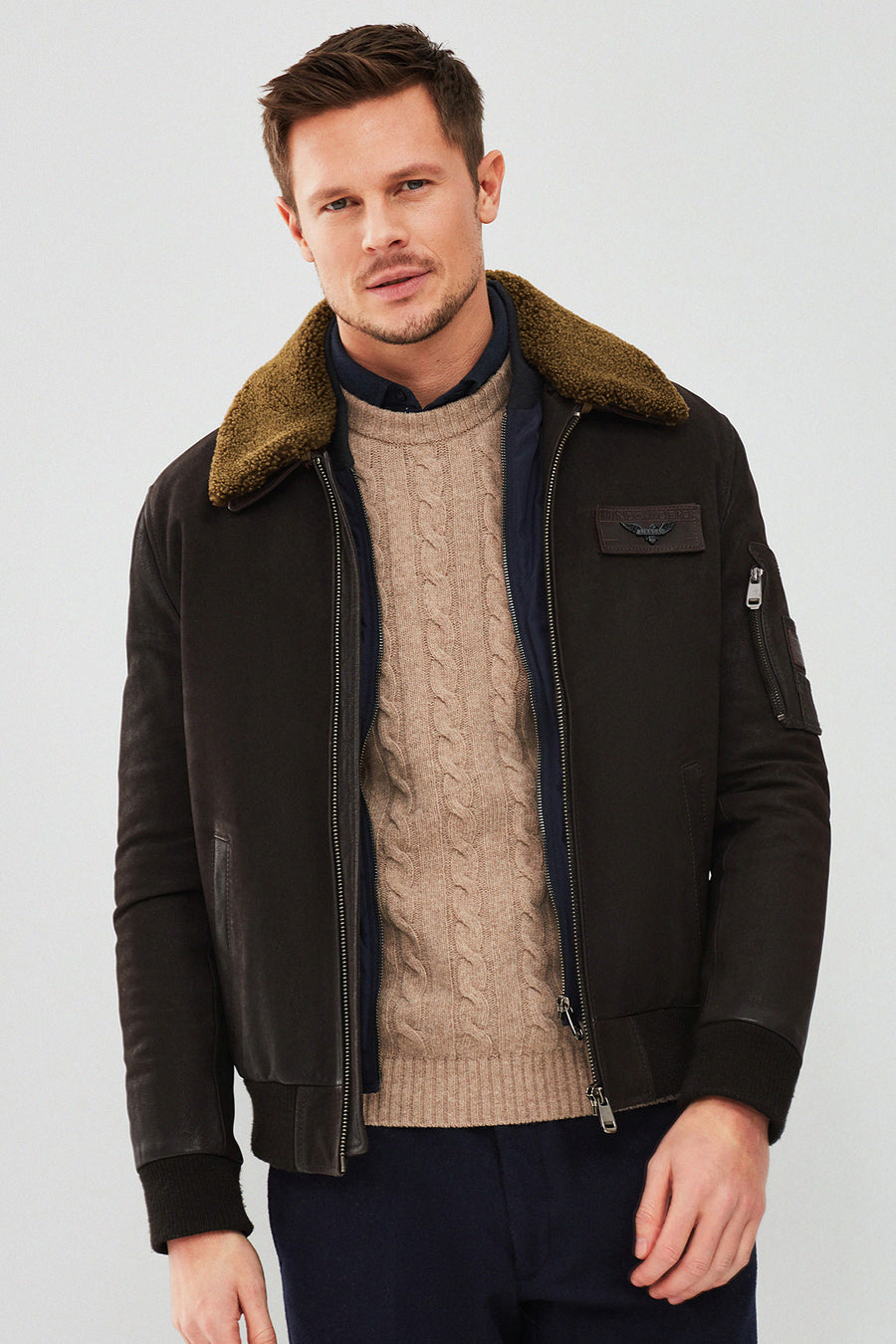 Falcon Men's Brown Embroidered Collar Fur Leather Pilot Jacket 22WGD6262KN | Derimod