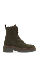 Women's Khaki Suede Leather Zippered Flat Boots | Derimod