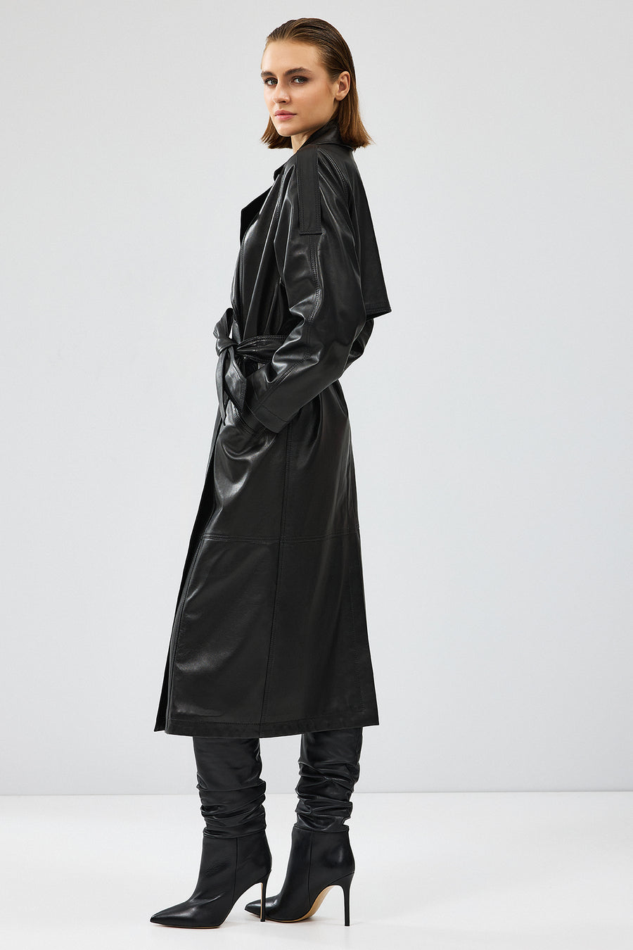 Nicole Women's Black Double Breasted Long Leather Trench Coat