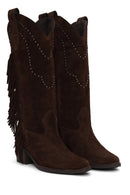 Woman Brown Tassel Chunky-Heeled Suede Leather Cowboy Boots | Derimod