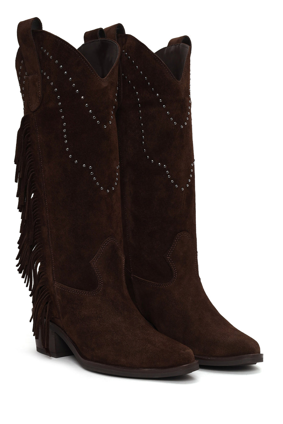 Woman Brown Tassel Chunky-Heeled Suede Leather Cowboy Boots