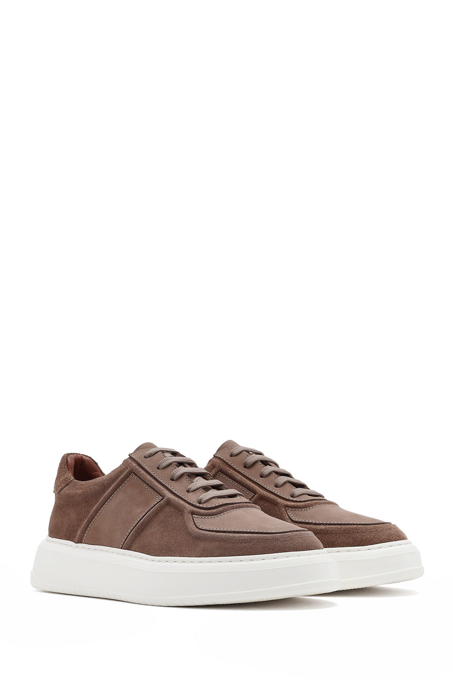 Men's Beige Lace-Up Thick-Sole Suede Leather Sneakers