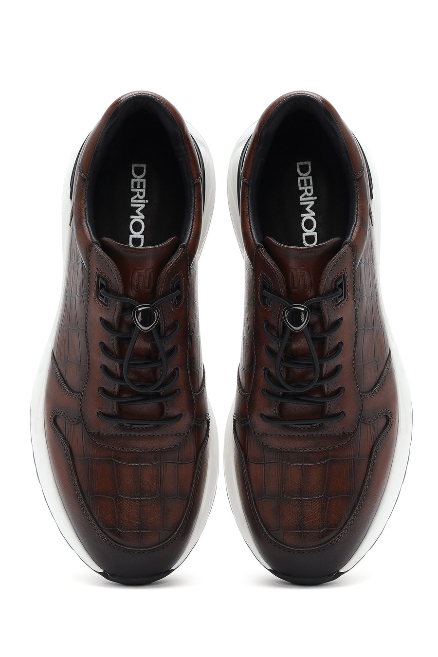 Men's Brown Crocodile Patterned Lace-Up Leather Sneakers