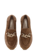 Women's Tan Suede Leather Buckle Masculine Loafer | Derimod