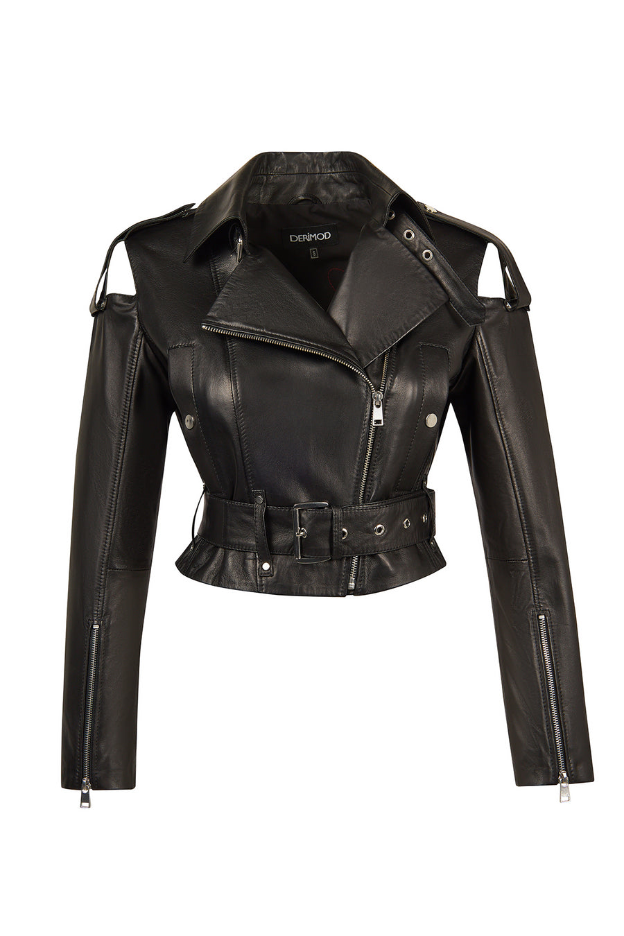 Avanti Woman Black Off-Shoulder Short Biker Leather Jacket