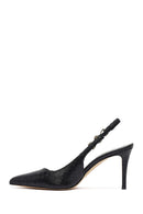 Woman Black Buckled Open Back Patterned Thin Heel Leather Shoe | Derimod