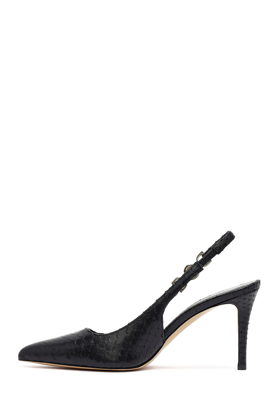 Woman Black Buckled Open Back Patterned Thin Heel Leather Shoe