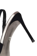 Women's Black Back Open Jeweled Thin High Heel Suede Leather Shoe | Derimod