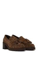 Woman Walnut Tassel Chunky Heeled Suede Loafer | Derimod