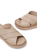 Woman Cream Wedge Heel Leather Comfort Slippers | Derimod