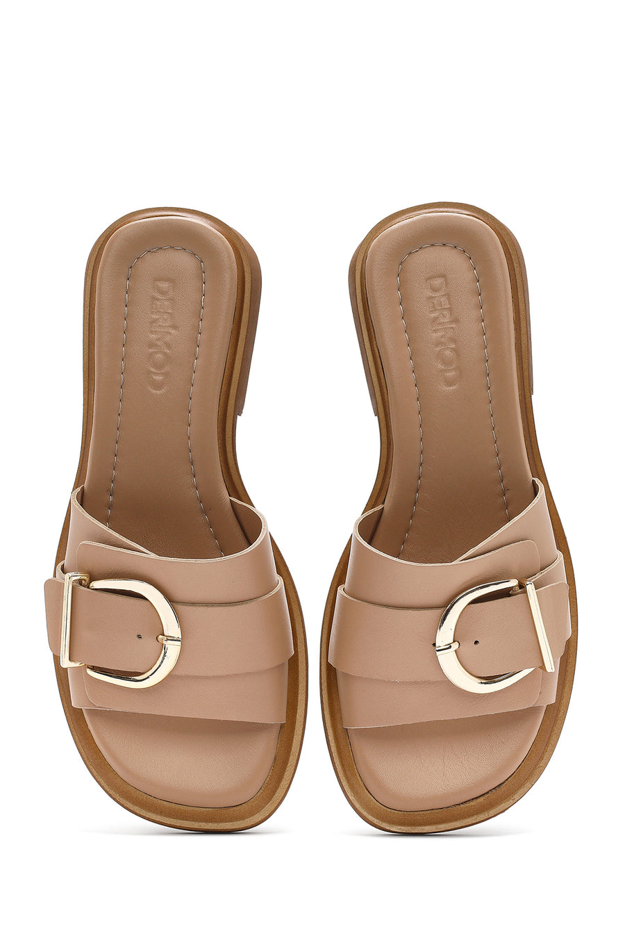Women's Beige Buckled Leather Slippers