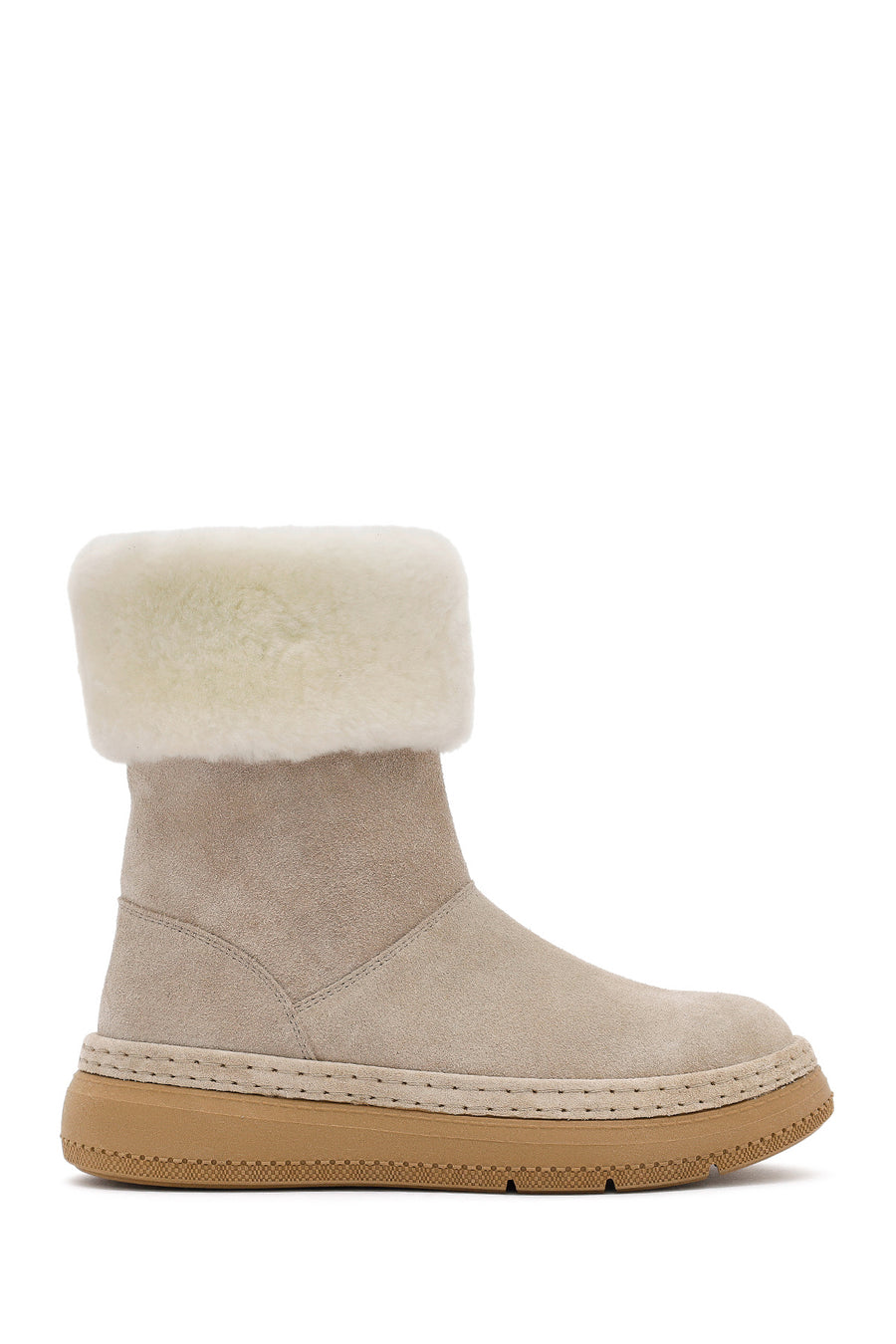 Woman Beige Thick-Soled Suede with Fur Detail Leather Boat 25WFD133410 | Derimod